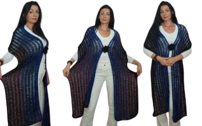 Бутиков ръчно плетен правоъгълен шал „Лунен шепот“ в тъмносино и черно с брошка цвете – уникат